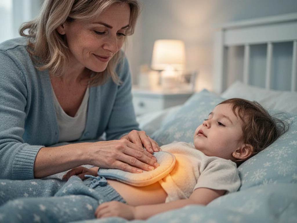 Mama przykładająca ciepły okład na brzuch dziecka w przytulnej sypialni, łagodząca ból domowym sposobem.