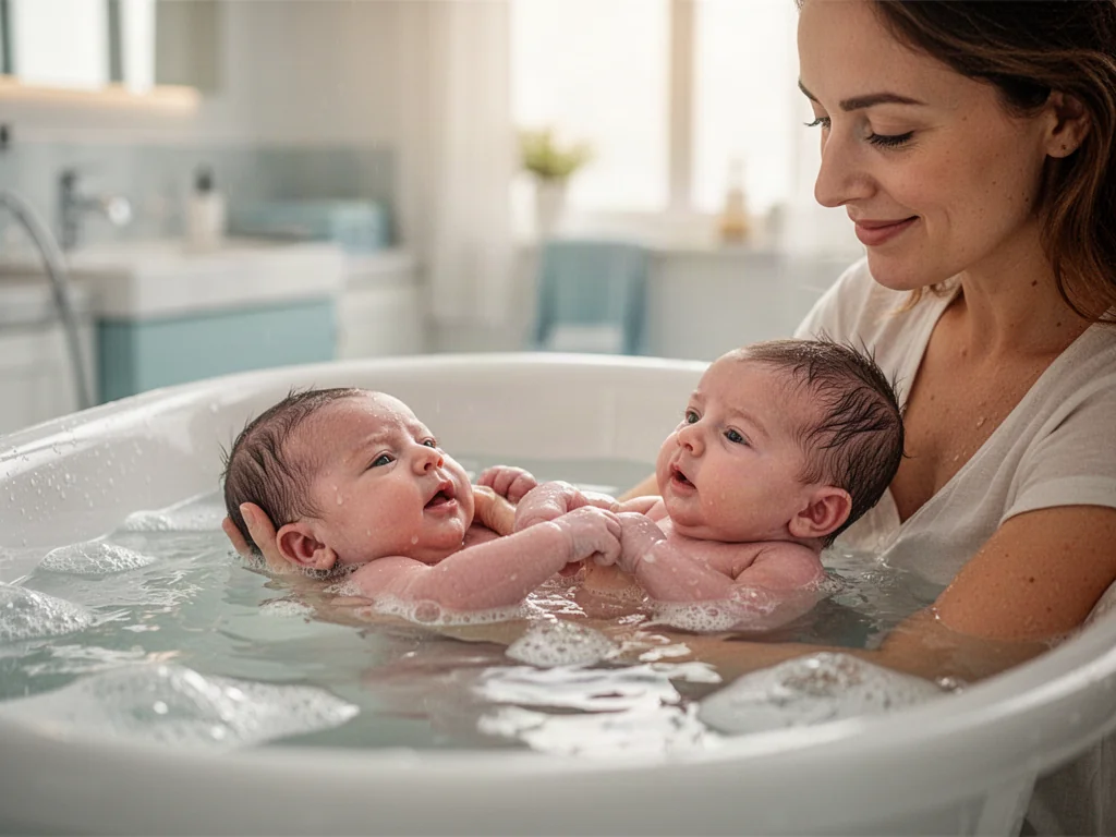 Mama delikatnie myje noworodka w białej wanience z wodą o mlecznym zabarwieniu, typowym dla kąpieli krochmalowej.