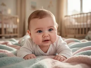 Przytulny pokój dziecięcy w stylu skandynawskim z niskim łóżkiem typu Montessori, na które wspina się dwulatek.