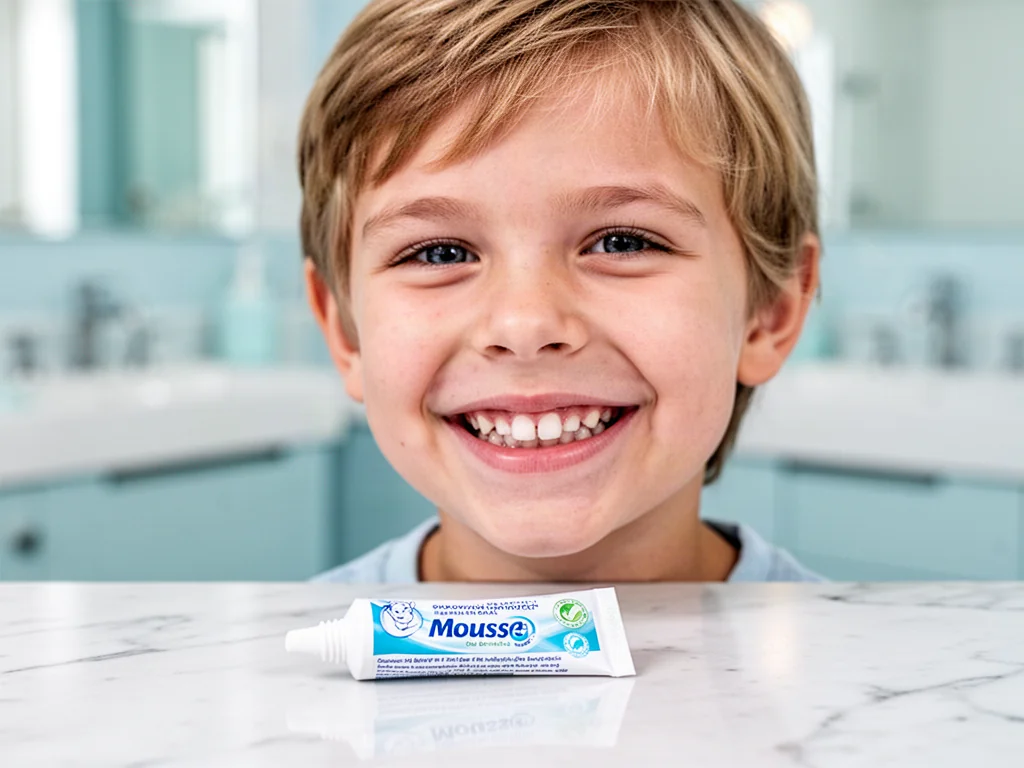 Uśmiechnięte dziecko prezentujące zdrowe zęby obok tubki pasty Tooth Mousse na jasnym blacie w łazience.