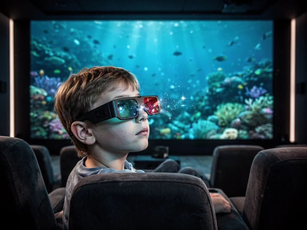 Chłopiec w okularach 3D oglądający film w kinie domowym, z ekranem odbijającym się w jego oczach.