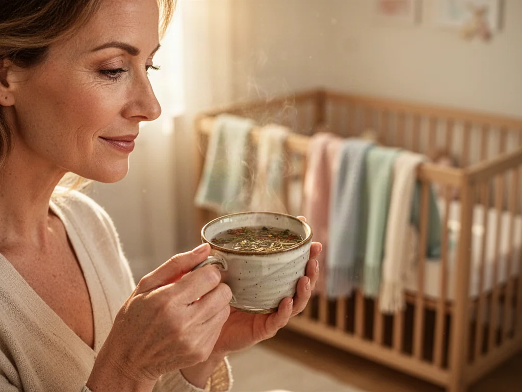 Mama trzymająca filiżankę ziołowej herbaty w przytulnym pokoju dziecięcym, podkreślająca temat bezpieczeństwa naparów dla niemowląt.