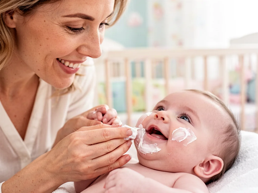Uśmiechnięta mama delikatnie nakłada krem ochronny na skórę niemowlęcia w przytulnym pokoju dziecięcym.