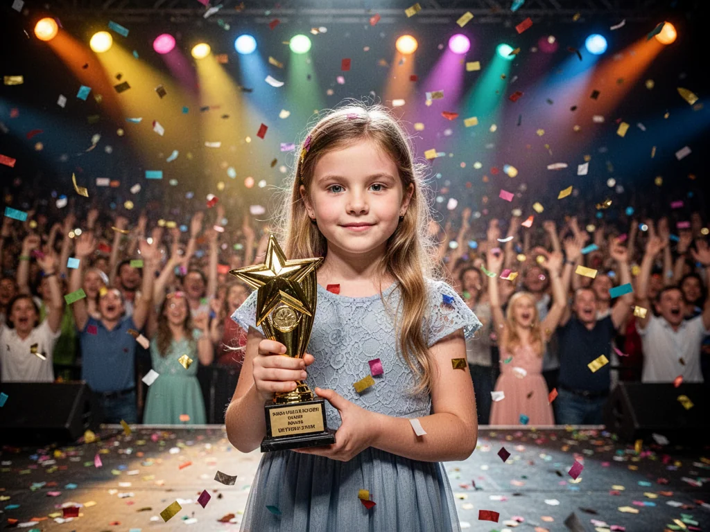 Młoda zwyciężczyni Eurowizji Junior trzymająca złote trofeum w kształcie gwiazdy na oświetlonej scenie w blasku konfetti.