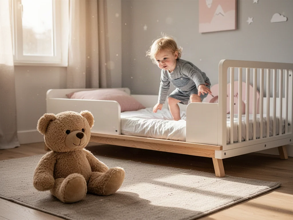 Przytulny pokój dziecięcy w stylu skandynawskim z niskim łóżkiem typu Montessori, na które wspina się dwulatek.