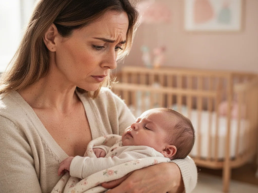 Zatroskana mama przytulająca niemowlę w przytulnym pokoju dziecięcym, dbająca o komfort i zdrowie swojego dziecka.